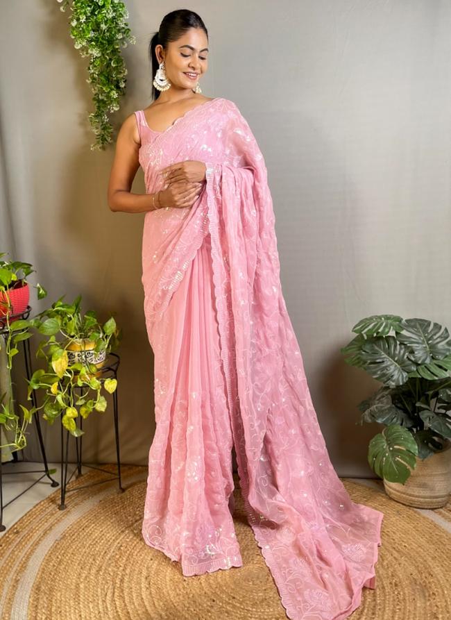 Shimmer Silk Baby Pink Casual Wear Sequence Work Saree